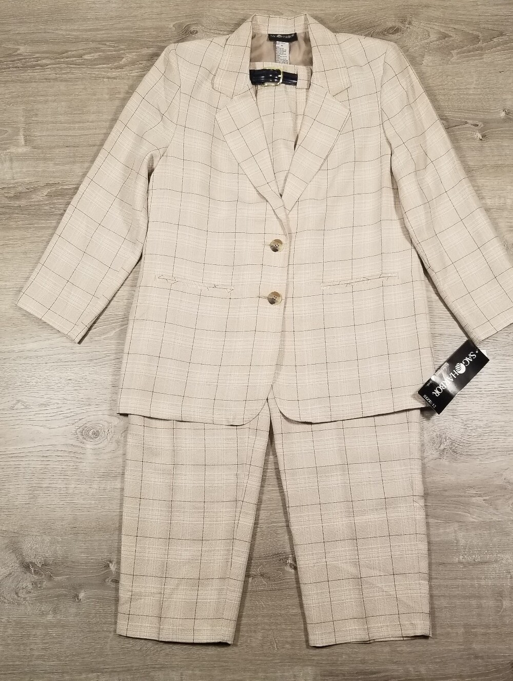 Vintage Sag Harbor 2 Piece Blazer Pants Set Beige Check Windowpane Womens 12 NWT
